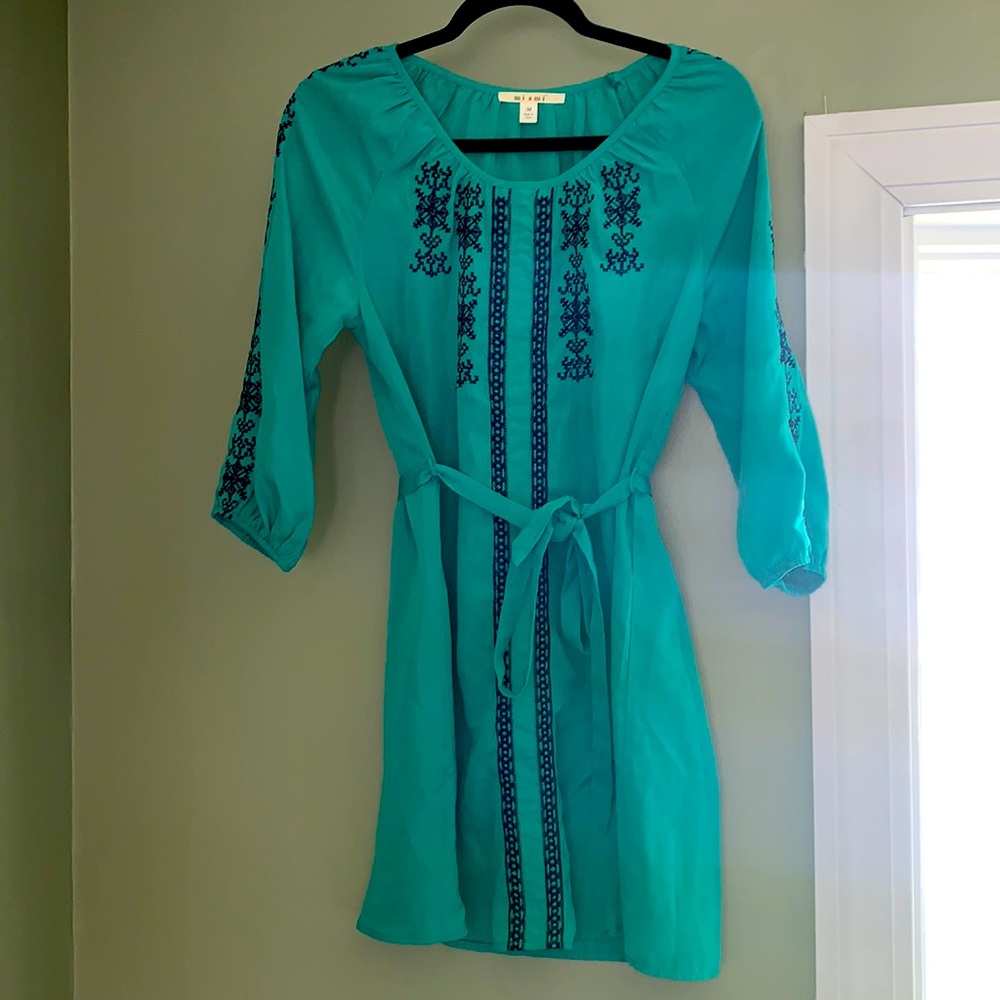 Teal 3/4 Sleeve Tie Waist Dress